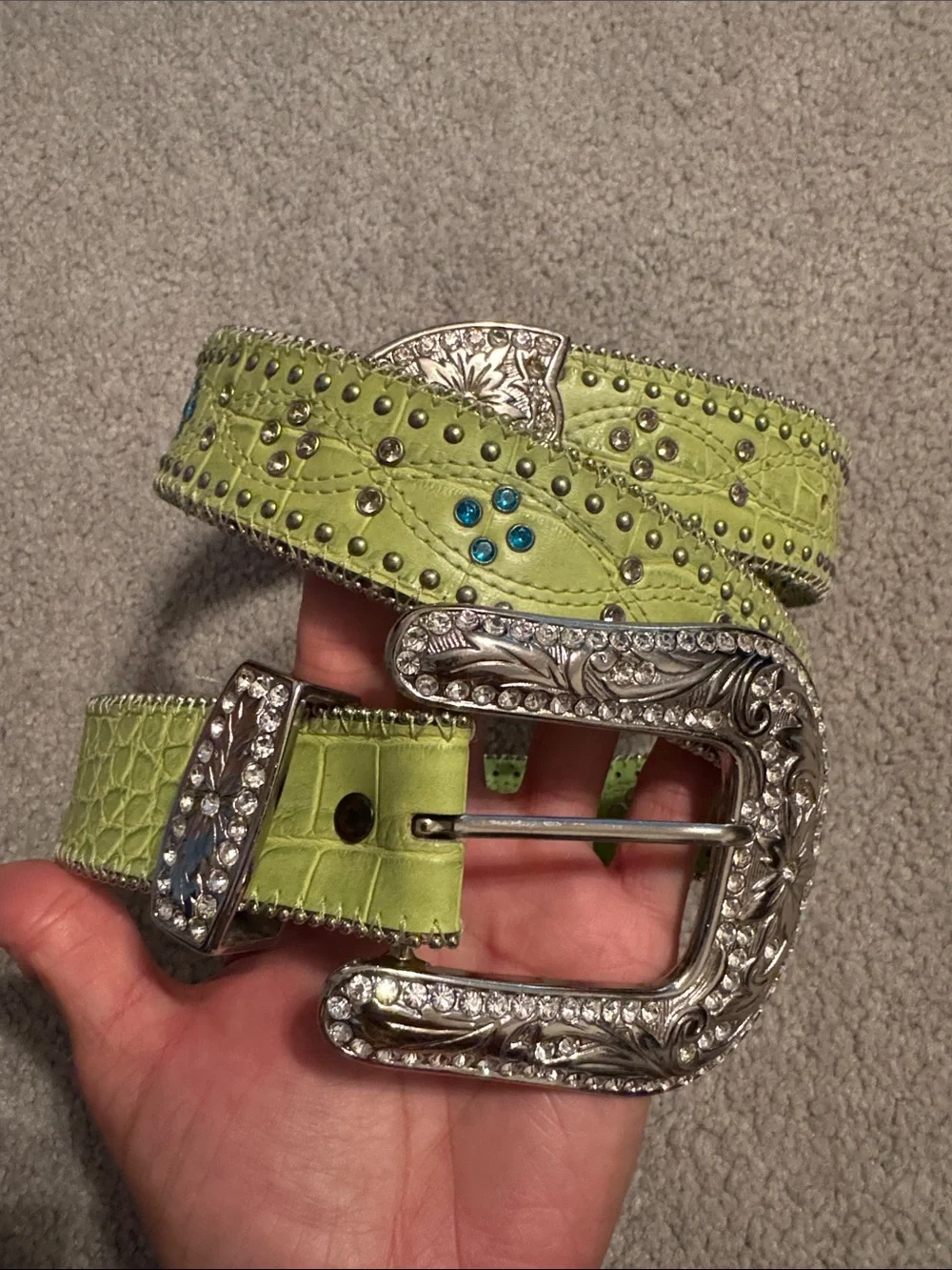 Roper Lime Green Studded Western Belt with Rhinestone Buckle M